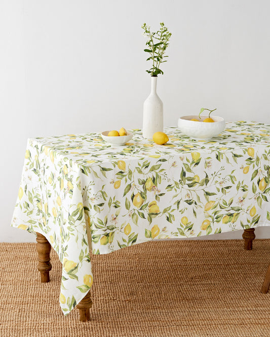 Citrus garden print on white linen tablecloth