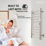 ANZZI Crete Series 10-Bar Wall Mounted Towel Warmer (20.86" W x 34.25" H), Dual Installation, Digital Timer, Rhino Alloy Certified Stainless Steel