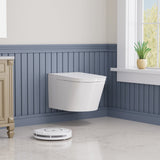 Smart Space-Saving Wall-Hung Elongated Toilet in White with Soft-Close Seat, Easy-Clean Glaze, and Non-Electric Flush