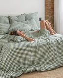 Forest green gingham linen duvet cover set (3 pcs)