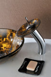 Timbre Series 17 in. Round Bathroom Vessel Sink in Kindled Amber Finish Glass with Matching Chrome Waterfall Faucet