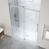 Stellar Series 76 in. x 57-60 in. Sliding Frameless Shower Door with Alcove Center Drain Shower Base - Multiple Finishes