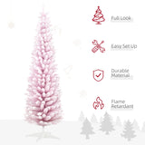 HOMCOM 7' Decorated Christmas Tree Snow Flocked Artificial Christmas Tree with Pencil Shape, Realistic Branches, Pink