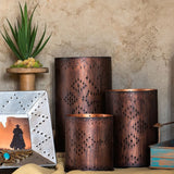 Cross Distressed Metal Cylinder Pillar 3PC Candle Holder