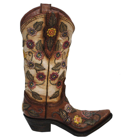 Flower Design Cowboy Boot Vase, Cream & Brown
