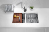 Aegis Undermount Stainless Steel 32.75 in. 0-Hole 50/50 Double Bowl Kitchen Sink with Cutting Board and Colander