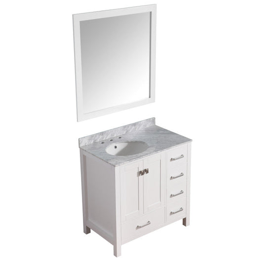 ANZZI Chateau Series 36 in. W x 22 in. D Bathroom Bath Vanity Set in White with Carrara White Marble Top with White Sink and Mirror