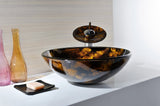 Timbre Series 17 in. Round Bathroom Vessel Sink in Kindled Amber Finish Glass with Matching Chrome Waterfall Faucet
