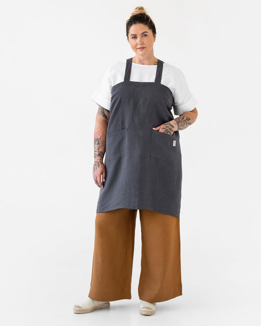 Japanese cross-back linen apron in Charcoal gray