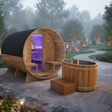 4-6 Person Electric Rock Heater Outdoor Barrel Panoramic Cedar Sauna with 2-Person Cedar Cold Plunge Soaking Bathtub
