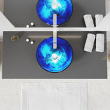 Belissima Series 17 in. L x 17 in. W Round Bathroom Vessel Sink in Stellar Blue Finish Glass with Chrome Pop-Up Drain