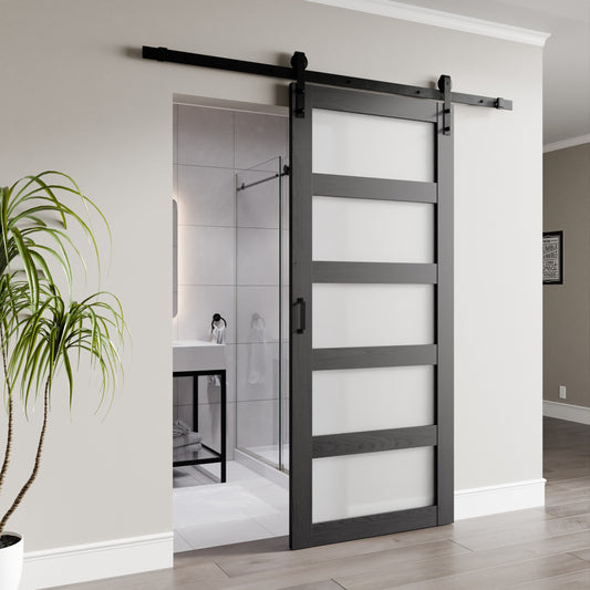 Frasassi Series 36 in. x 84 in. Light Wood MDF Interior Sliding Barn Door with Frosted Glass and Hardware Kit in Matte Black