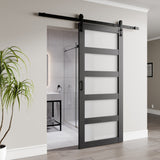 Frasassi Series 36 in. x 84 in. Light Wood MDF Interior Sliding Barn Door with Frosted Glass and Hardware Kit in Matte Black