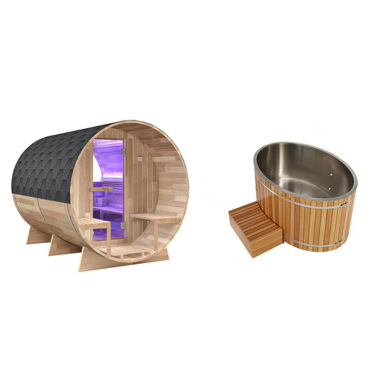 4-6 Person Electric Rock Heater Outdoor Barrel Panoramic Cedar Sauna with 2-Person Cedar Cold Plunge Soaking Bathtub