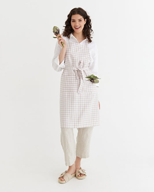 Linen bib apron in Natural gingham