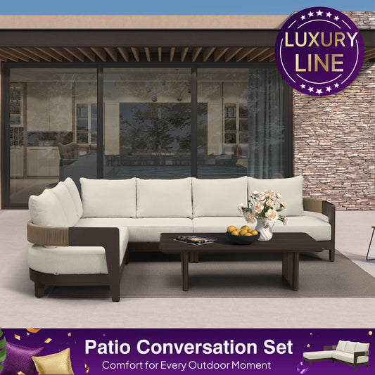 PURPLE LEAF Tuscany L-Shaped Patio Conversation Set with Removable Cushions and Pillows Bronze Aluminum Frame Outdoor Couch Sets for Porch Yard Garden