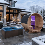 4-6 Person Electric Rock Heater Outdoor Barrel Panoramic Cedar Sauna with 1-Person Blue Cold Plunge & Built-in Chiller