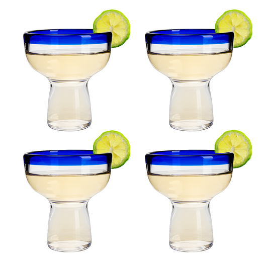 Mexican Hand Blown Blue Rim Margarita Glasses - Set of 4