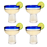 Mexican Hand Blown Blue Rim Margarita Glasses - Set of 4