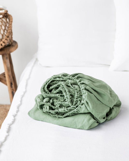 Matcha green linen fitted sheet