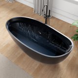 67 in. x 32 in. Freestanding Oval Stone Resin Flat-Bottom Bathtub in Black with Center Drain & Headrest