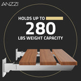 ANZZI Bohemian Folding Teak Shower Seat (18.7" x 12.6"), 280 lbs Weight Capacity, Natural Teak Wood, ADA Compliant, Space-Saving Wall Mount
