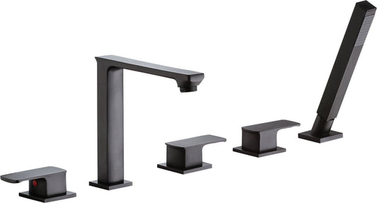 ANZZI Shore 5-Hole Deck Mount Tub Filler, 3-Handle Control, Integrated Hand Sprayer, Solid Brass, 1.8 GPM Flow, cUPC Certified, Various Finishes