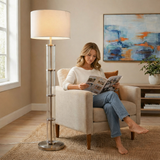 Nimbus Brushed Nickel Floor Lamp with 3-Way Rotary Switch Clear Glass Body Metal Base