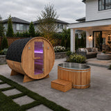 4-6 Person Electric Rock Heater Outdoor Barrel Sauna in White Cedar with 2-Person Cedar Cold Plunge Soaking Bathtub