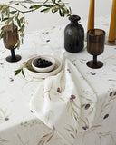 Olive orchard print on white linen tablecloth
