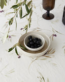 Olive orchard print on white linen tablecloth