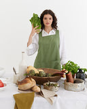 Pinafore cross-back linen apron in Forest green