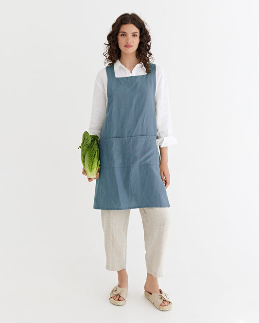Pinafore cross-back linen apron in Gray blue