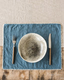 Pom pom trim linen placemat set of 2 in Gray blue