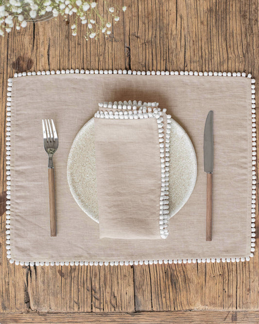 Pom pom trim linen napkin set of 2 in Natural linen