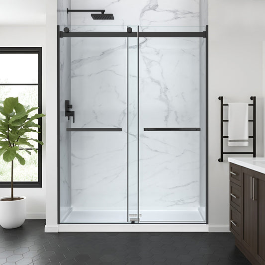 Kahn Series 48 in. x 32 in. Alcove Shower Base and Frameless Sliding Shower Door Combo with Tsunami Guard