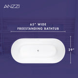 ANZZI Bailey Series 65" L Freestanding Soaker Tub with Deep Relaxation Depth (15"), Built-in Overflow, and Durable Acrylic/Solid Surface Construction, White