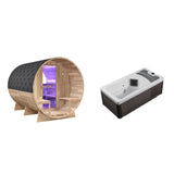 4-6 Person Electric Rock Heater Outdoor Barrel Panoramic Cedar Sauna with 1-Person White Cold Plunge & Built-in Chiller