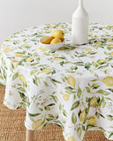 Round linen tablecloth in Citrus garden print on white