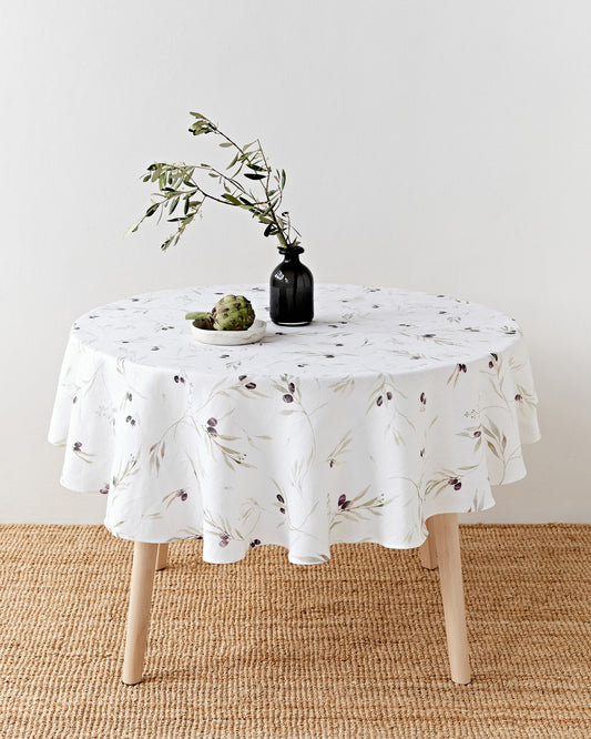 Round linen tablecloth in Olive orchard print on white