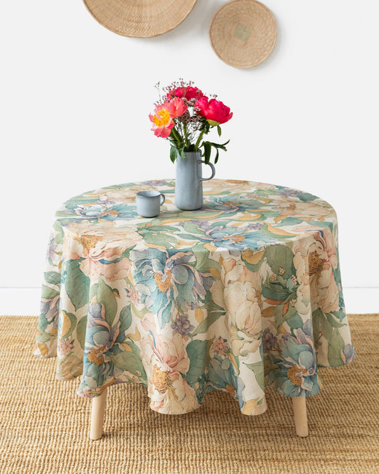 Round linen tablecloth in Vibrant peonies print on natural