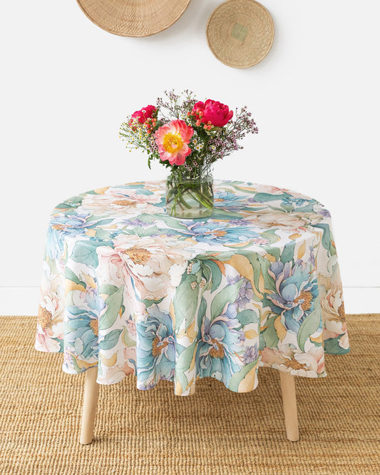 Round linen tablecloth in Vibrant peonies print on white