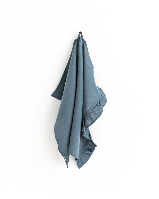 Ruffle trim linen tea towel in Gray blue