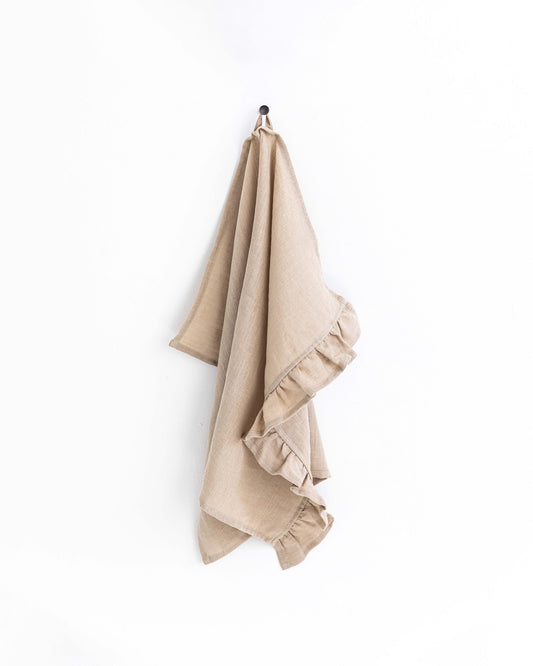 Ruffle trim linen tea towel in Natural linen