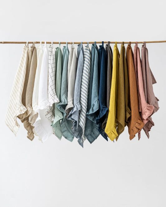 Ruffle trim linen tea towel in Light gray