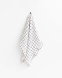 Ruffle trim linen tea towel in Charcoal grid