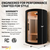 1-2-Person Round Infrared Sauna with Canadian Hemlock Wood, Infrared Heating Panels, Red Light Heater, and Glass Door