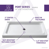 ANZZI Port Series 48" x 36" Corner Shower Pan, Durable Marine Grade Acrylic, cUPC Certified, 1.2 in. Integrated Flange, High-Gloss White
