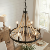 Starry Wood Chandelier Farmhouse Six Candle Light Wood Beaded Black Pendant Light