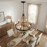 Starry Wood Chandelier Farmhouse Six Candle Light Wood Beaded Black Pendant Light